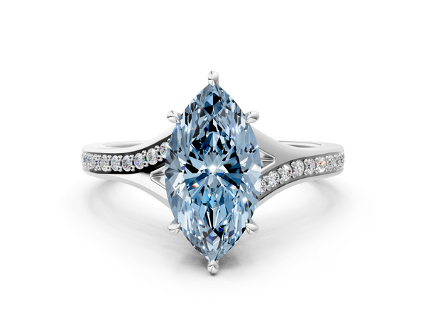 White gold Fancy Blue Marquise Cut Diamond Solitaire Ring with Pavé Band and Prong Setting