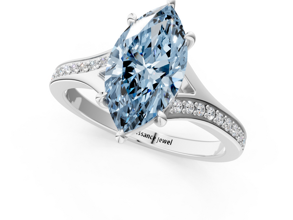 White gold Fancy Blue Marquise Cut Diamond Solitaire Ring with Pavé Band and Prong Setting