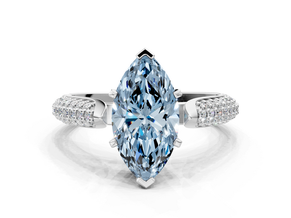 White gold Fancy Blue Marquise  Diamond Solitaire Engagement Ring with Pavé Band and Four-Prong Setting