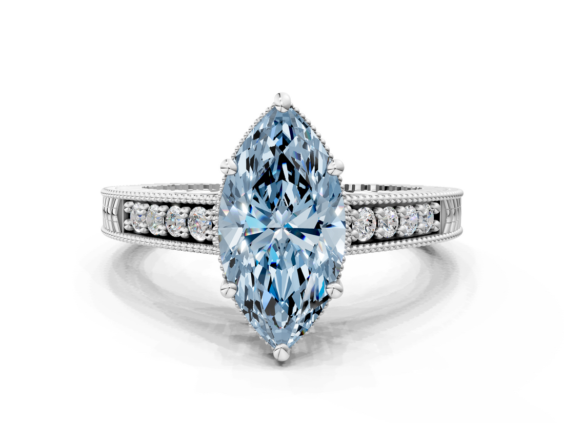 White gold Fancy Blue Marquise  Solitaire Pavé Diamond Milgrain Engagement Ring with Four-Prong Setting_20