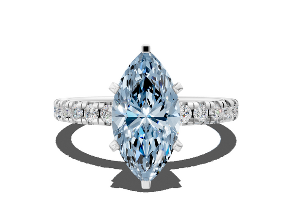 White gold Fancy Blue Marquise  Solitaire Pave Diamond Engagement Ring with Four-Prong Setting
