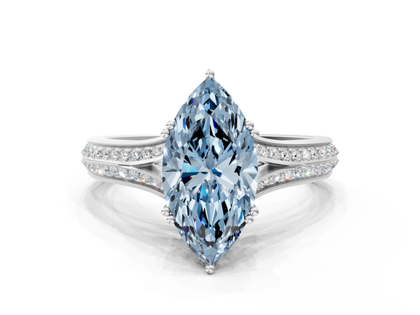 White gold Fancy Blue Marquise Cut Diamond Split Shank Engagement Ring with Pavé Band
