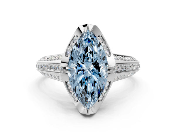 White gold Fancy Blue Marquise  Solitaire Pave Split Shank Ring with Four-Prong Setting