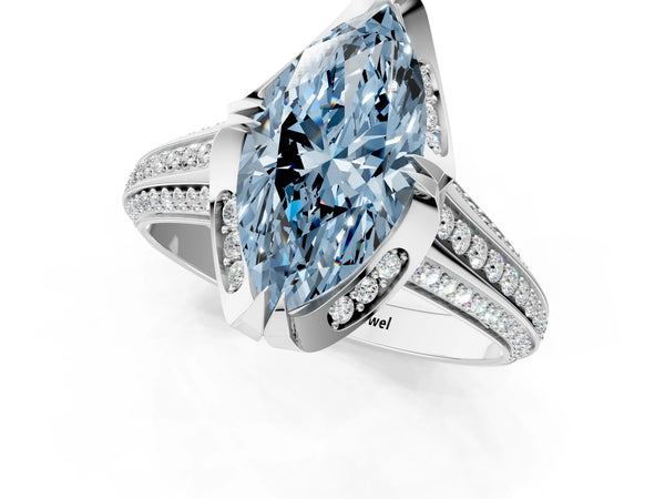 White gold Fancy Blue Marquise  Solitaire Pave Split Shank Ring with Four-Prong Setting