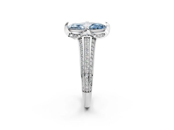 White gold Fancy Blue Marquise  Solitaire Pave Split Shank Ring with Four-Prong Setting