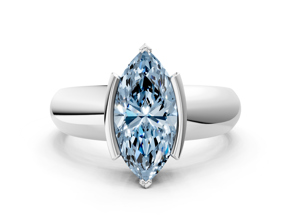 White gold Fancy Blue Marquise  Solitaire Tension Set Diamond Ring with Wide Band_20