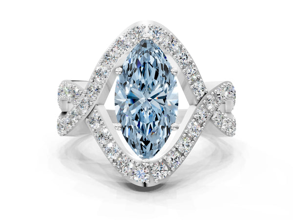Platinum Fancy Blue Marquise  Solitaire Twist Band Pavé Diamond Engagement Ring