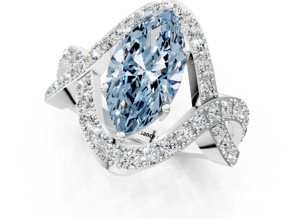 Platinum Fancy Blue Marquise  Solitaire Twist Band Pavé Diamond Engagement Ring