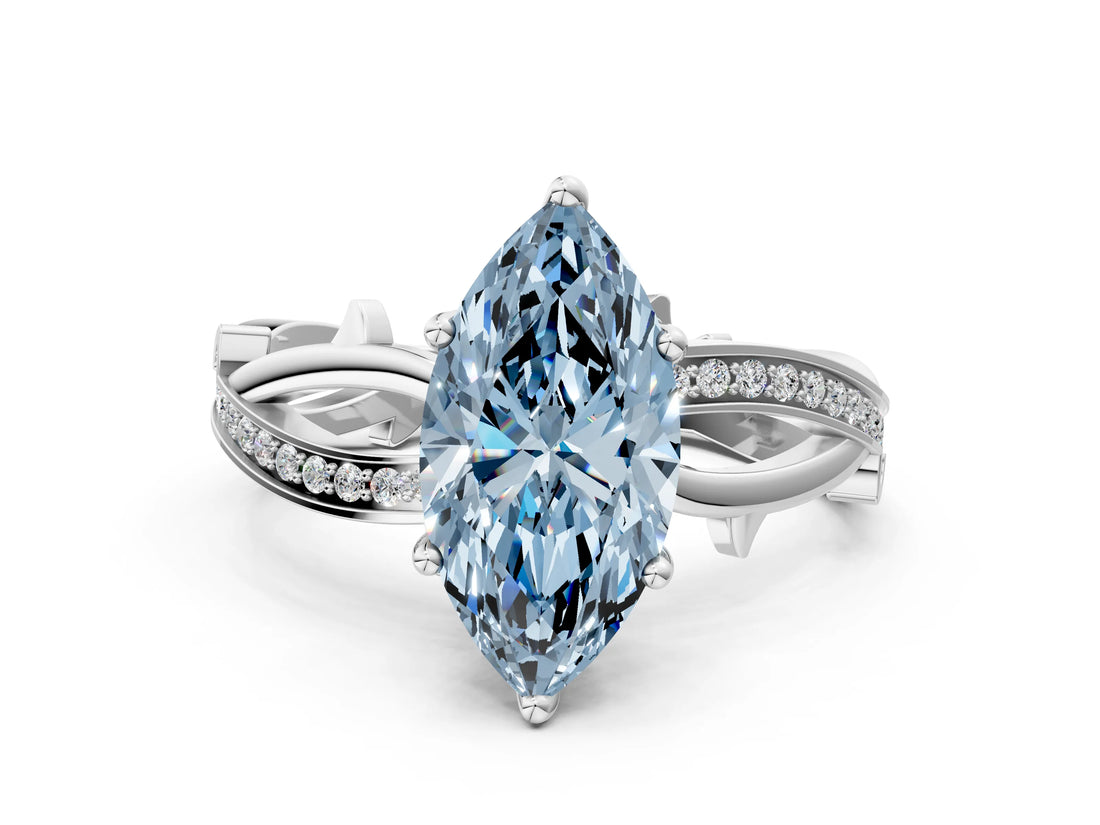 White gold Fancy Blue Marquise  Solitaire Twist Band with Pavé Accents and Four-Prong Setting_49