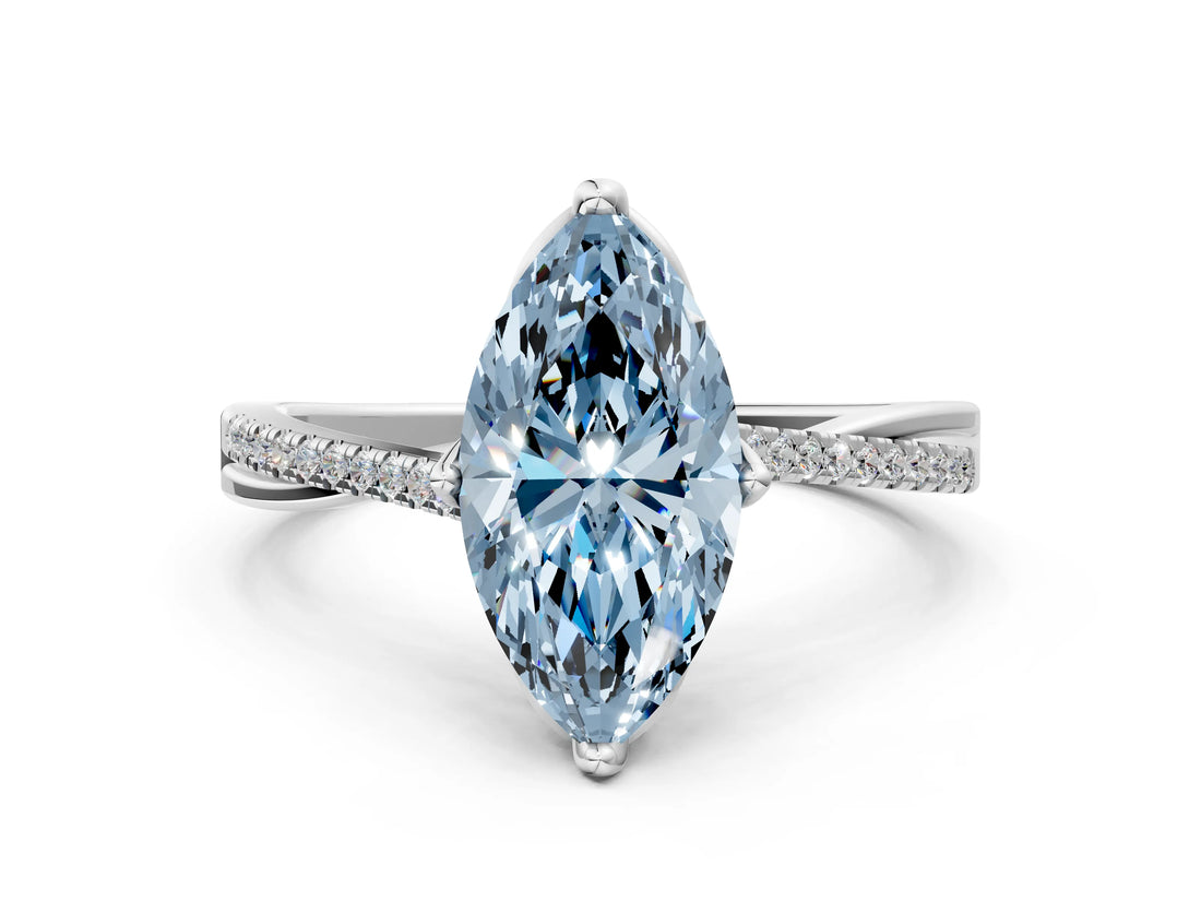 White gold Fancy Blue Marquise  Solitaire Twist Band with Pavé Diamonds and Four-Prong Setting_82
