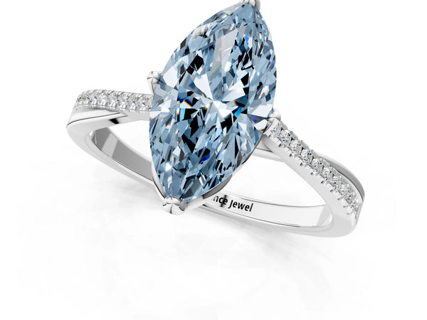 White gold Fancy Blue Marquise  Solitaire Twist Band with Pavé Diamonds and Four-Prong Setting