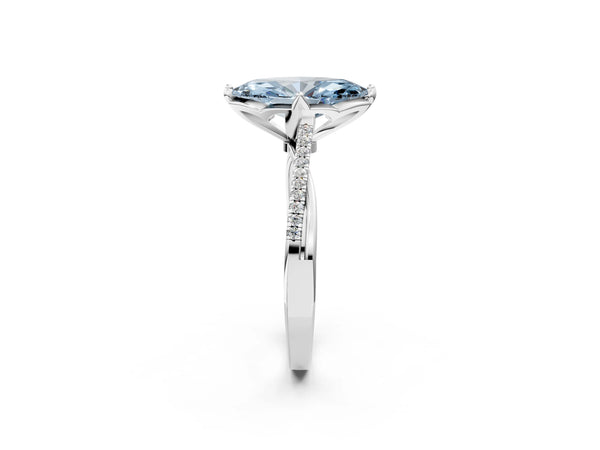 White gold Fancy Blue Marquise  Solitaire Twist Band with Pavé Diamonds and Four-Prong Setting