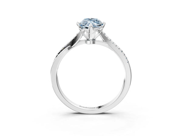 White gold Fancy Blue Marquise  Solitaire Twist Band with Pavé Diamonds and Four-Prong Setting