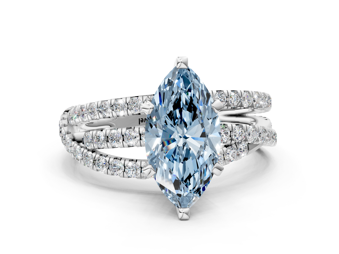 White gold Fancy Blue Marquise  Solitaire Twist Band with Pavé Setting and Four-Prong Setting_128