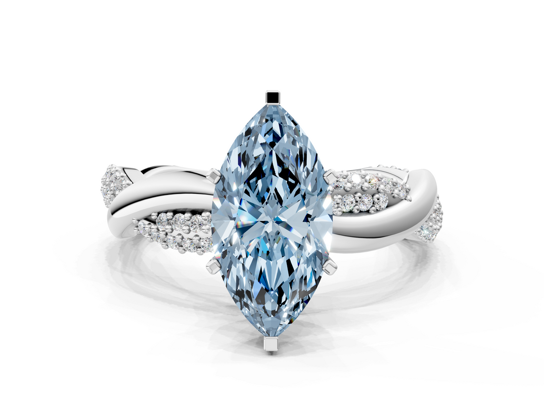 White gold Fancy Blue Marquise  Solitaire Twist Band with Pave Prong Setting_59
