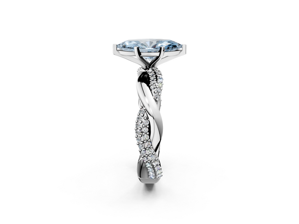 Platinum Fancy Blue Marquise  Solitaire Twist Band with Pave Prong Setting
