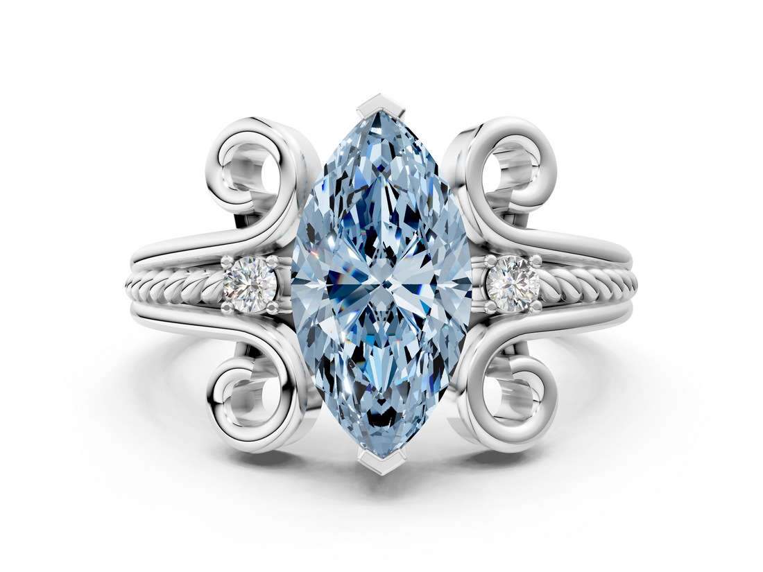 White gold Fancy Blue Marquise  Solitaire Twisted Band Scroll Prong Ring_3