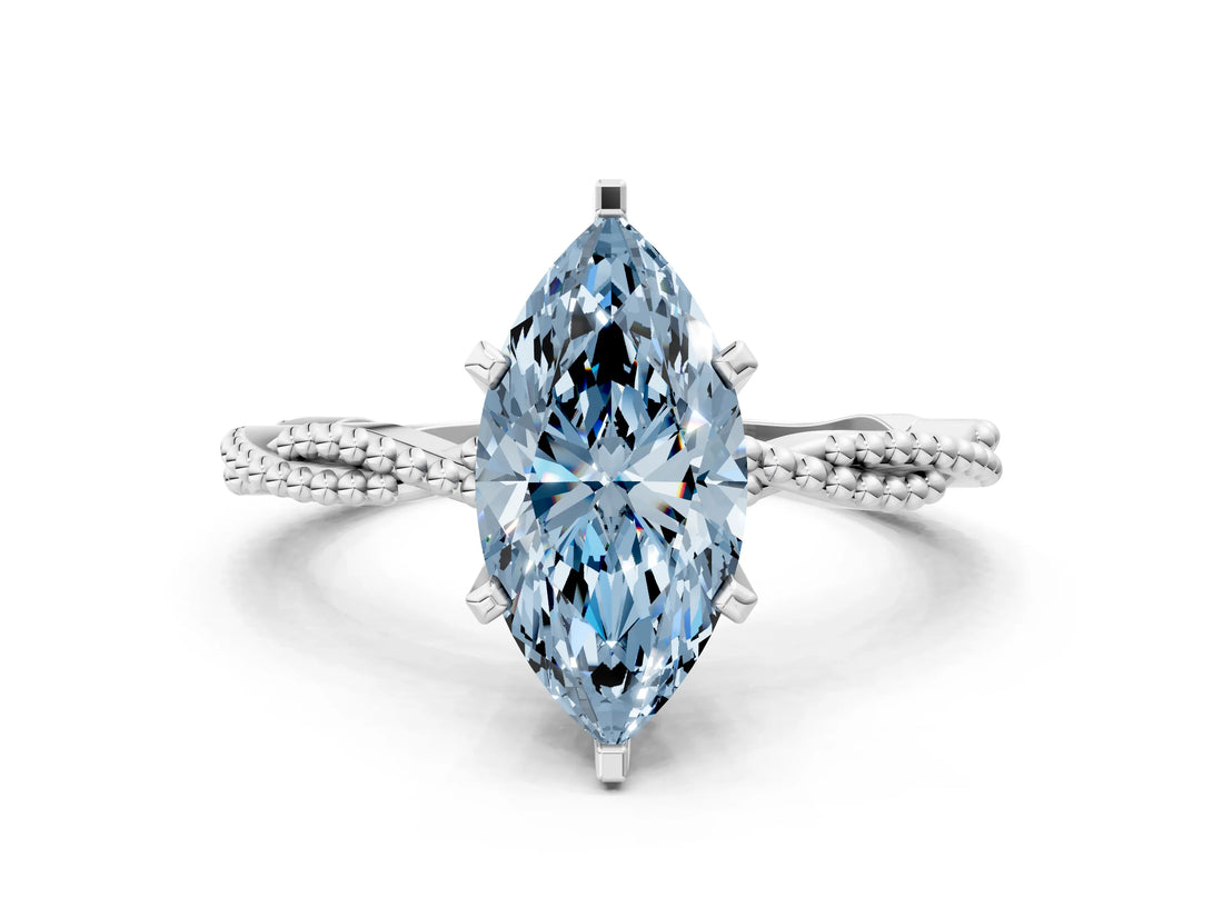 White gold Fancy Blue Marquise  Solitaire Twisted Band with Bead Prong Setting_279