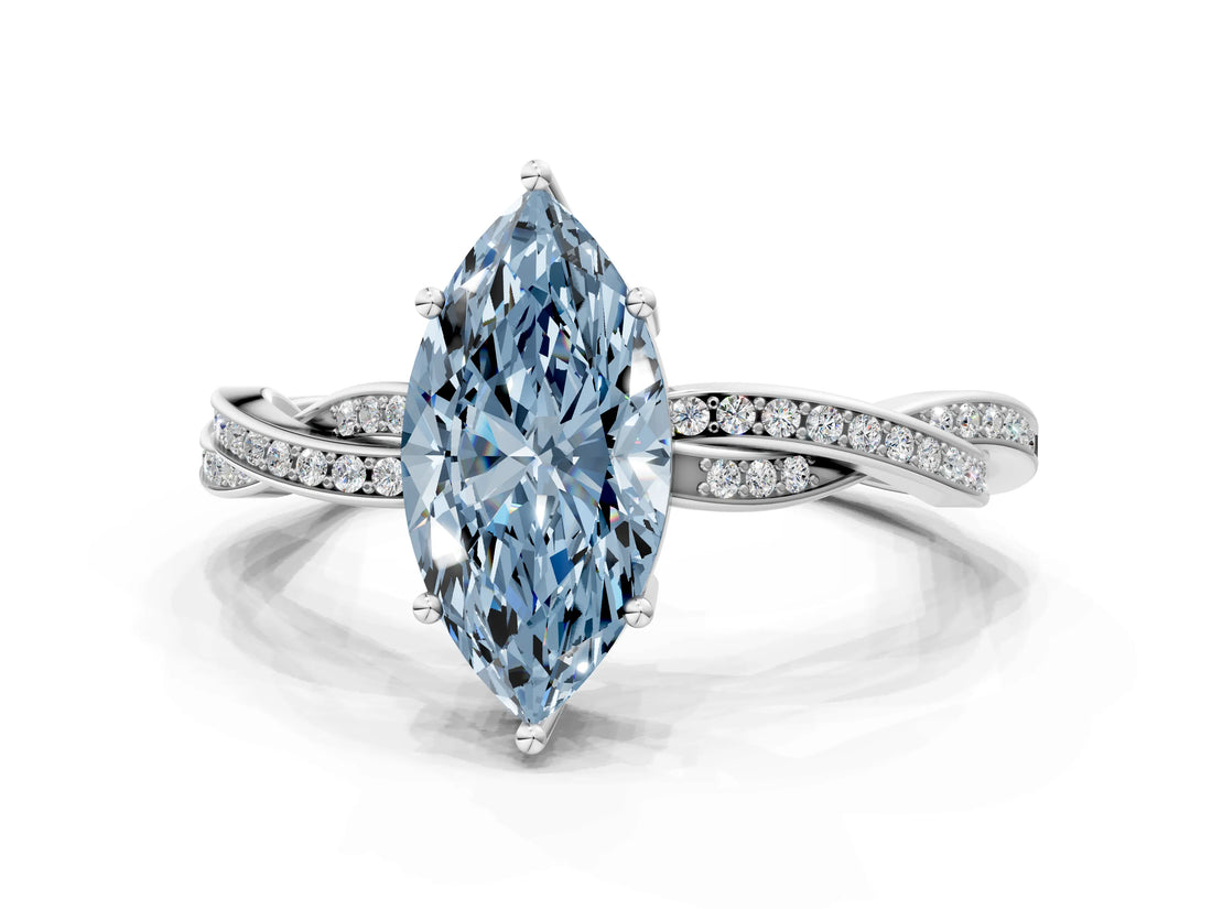 White gold Fancy Blue Marquise  Solitaire Twisted Pave Diamond Ring with Four-Prong Setting_181
