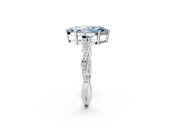 Platinum Fancy Blue Marquise  Solitaire Twisted Pave Diamond Ring with Four-Prong Setting