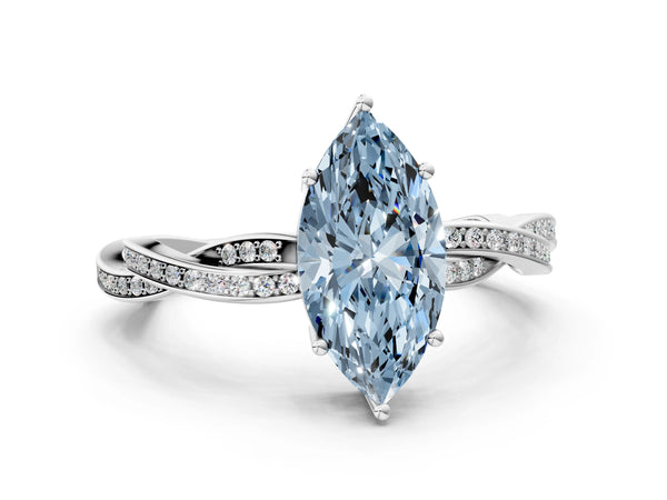 White Gold Marquise Solitaire Engagement Ring Setting for Fancy Blue Center with Twisted Pave Band