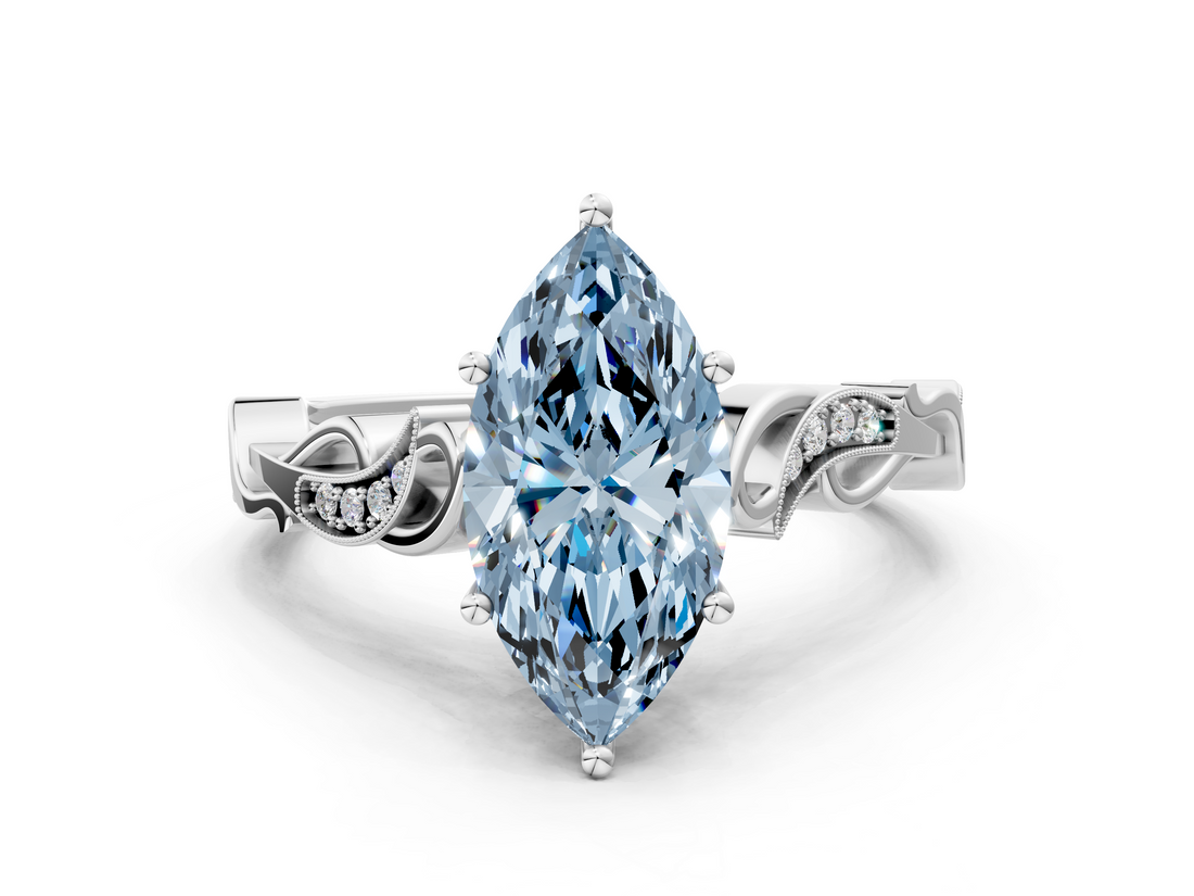 White gold Fancy Blue Marquise  Solitaire Vine Band with Milgrain Prong Setting_3