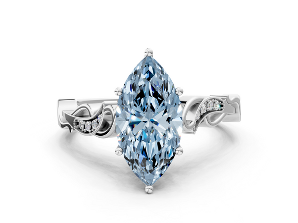 White gold Fancy Blue Marquise  Solitaire Vine Band with Milgrain Prong Setting