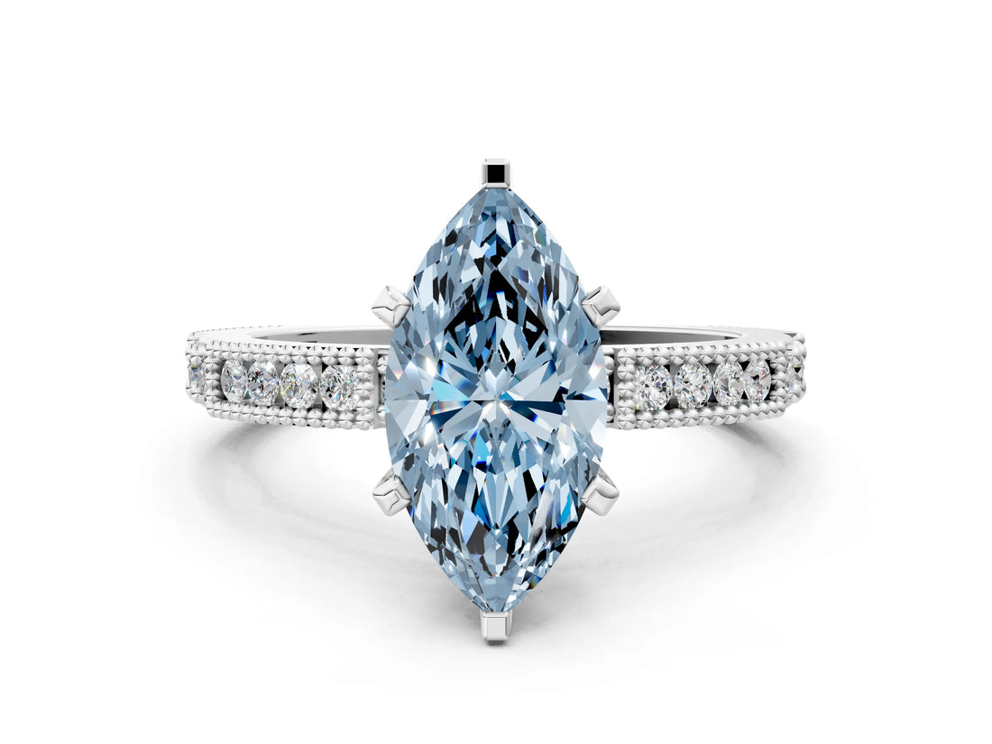 White gold Fancy Blue Marquise  Solitaire with Pavé Band and Four-Prong Setting_347