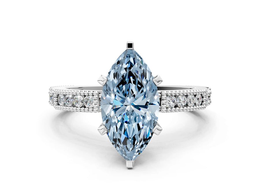 White gold Fancy Blue Marquise  Solitaire with Pavé Band and Four-Prong Setting