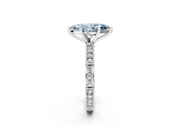White gold Fancy Blue Marquise  Solitaire with Pavé Band and Four-Prong Setting