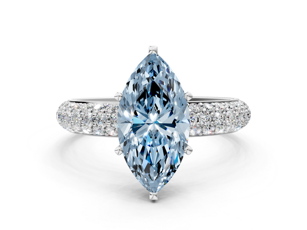 Platinum Fancy Blue Marquise  Diamond Solitaire Ring with Prong Setting and Pavé Band