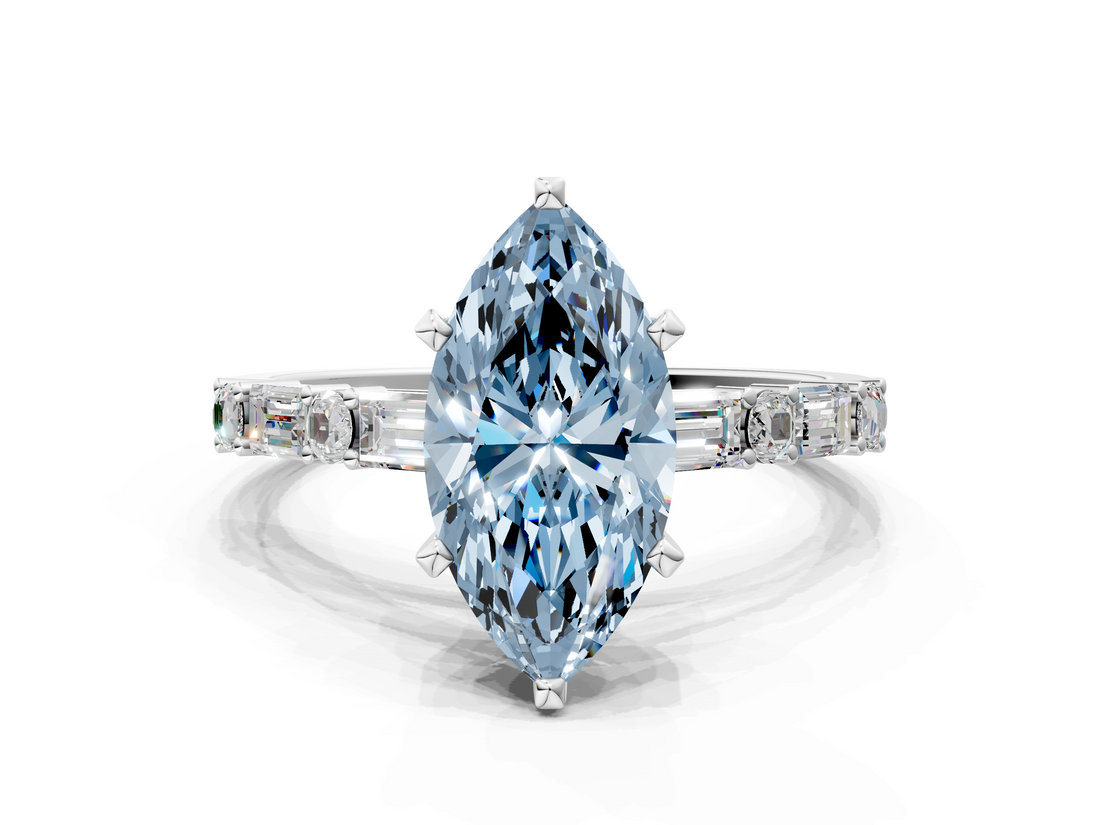 White gold Fancy Blue Marquise  Solitaire with Side Baguettes and Channel Set Band_59