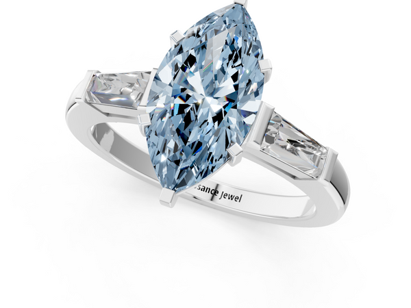 White gold Fancy Blue Marquise  Solitaire with Tapered Baguette Side Stones on a Classic Band with Four-Prong Setting