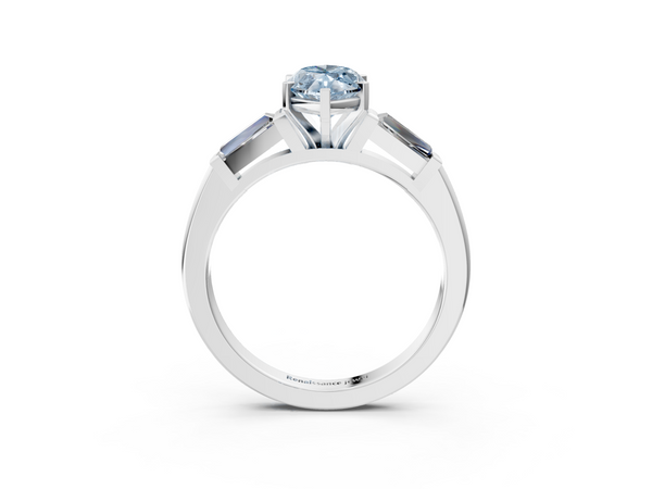White gold Fancy Blue Marquise  Solitaire with Tapered Baguette Side Stones on a Classic Band with Four-Prong Setting