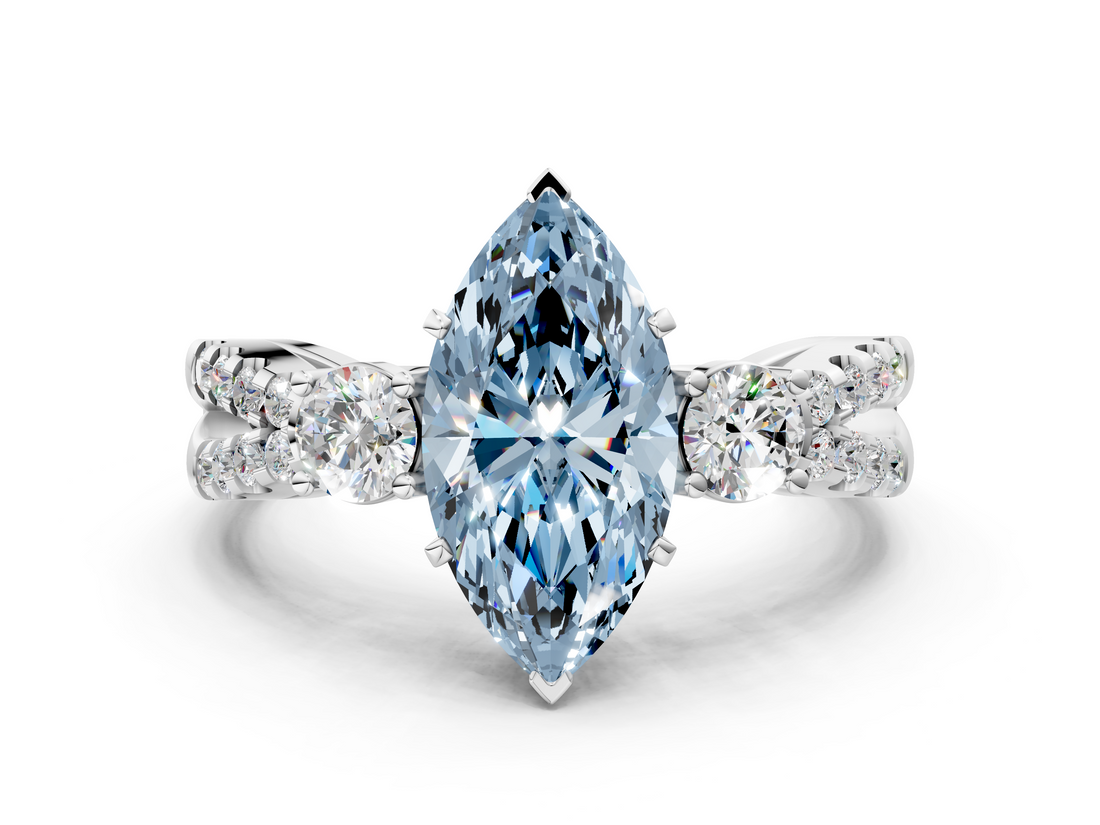 White gold Fancy Blue Marquise  Three-Stone Diamond Ring with Pavé Split Shank and Four-Prong Setting_76