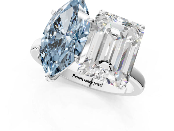 White gold Fancy Blue Marquise  and Emerald Cut Toi Moi Ring with Prong Setting