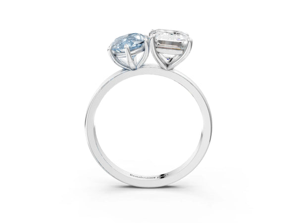 White gold Fancy Blue Marquise  and Emerald Cut Toi Moi Ring with Prong Setting