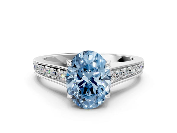 Platinum Fancy Blue Oval  Brilliant Cut Diamond Engagement Ring with Pavé Band and Four-Prong Setting