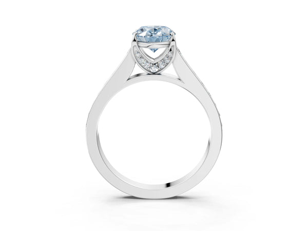 Platinum Fancy Blue Oval  Brilliant Cut Diamond Engagement Ring with Pavé Band and Four-Prong Setting