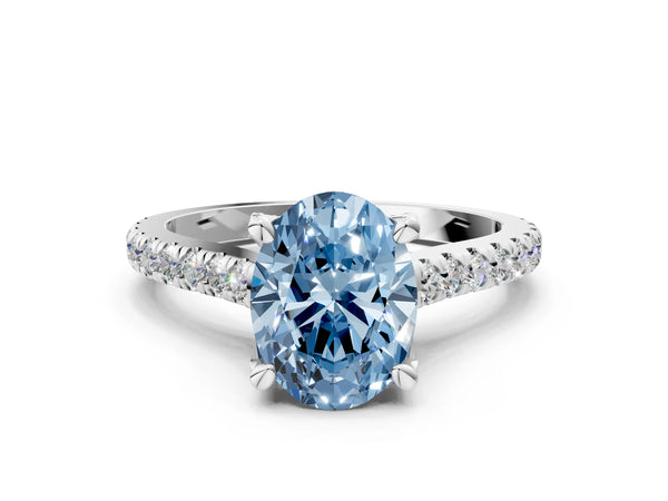 White gold Fancy Blue Oval  Brilliant Diamond Solitaire with Pavé Band and Four-Prong Setting
