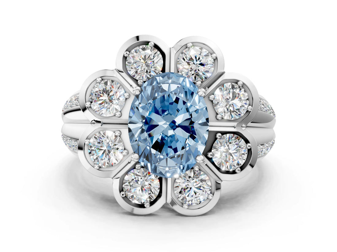White gold Fancy Blue Oval  Brilliant Flower Halo Diamond Split Shank Ring_105
