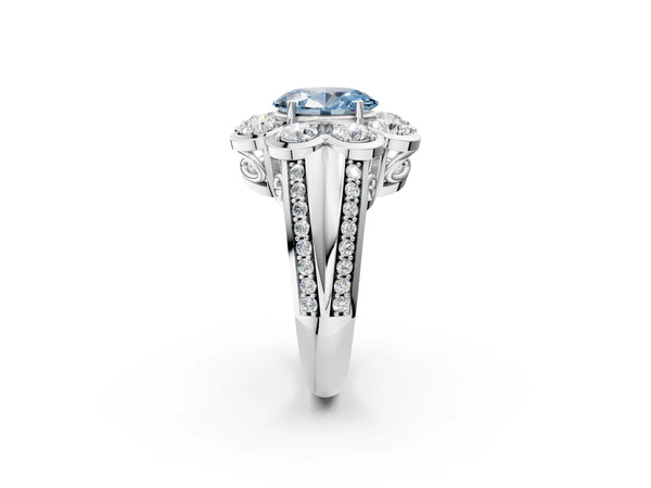 White gold Fancy Blue Oval  Brilliant Flower Halo Diamond Split Shank Ring