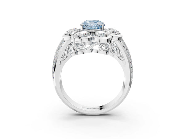 White gold Fancy Blue Oval  Brilliant Flower Halo Diamond Split Shank Ring