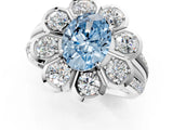 White gold Fancy Blue Oval  Brilliant Flower Halo Diamond Split Shank Ring_112