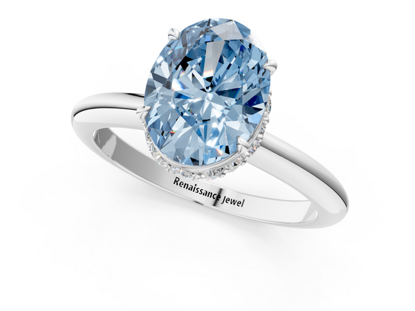 White gold Fancy Blue Oval  Brilliant Solitaire Engagement Ring with Six-Prong Setting and Classic Band