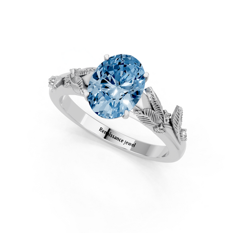 White gold Fancy Blue Oval  Brilliant Solitaire with Leaf Motif Band and Four-Prong Setting_3