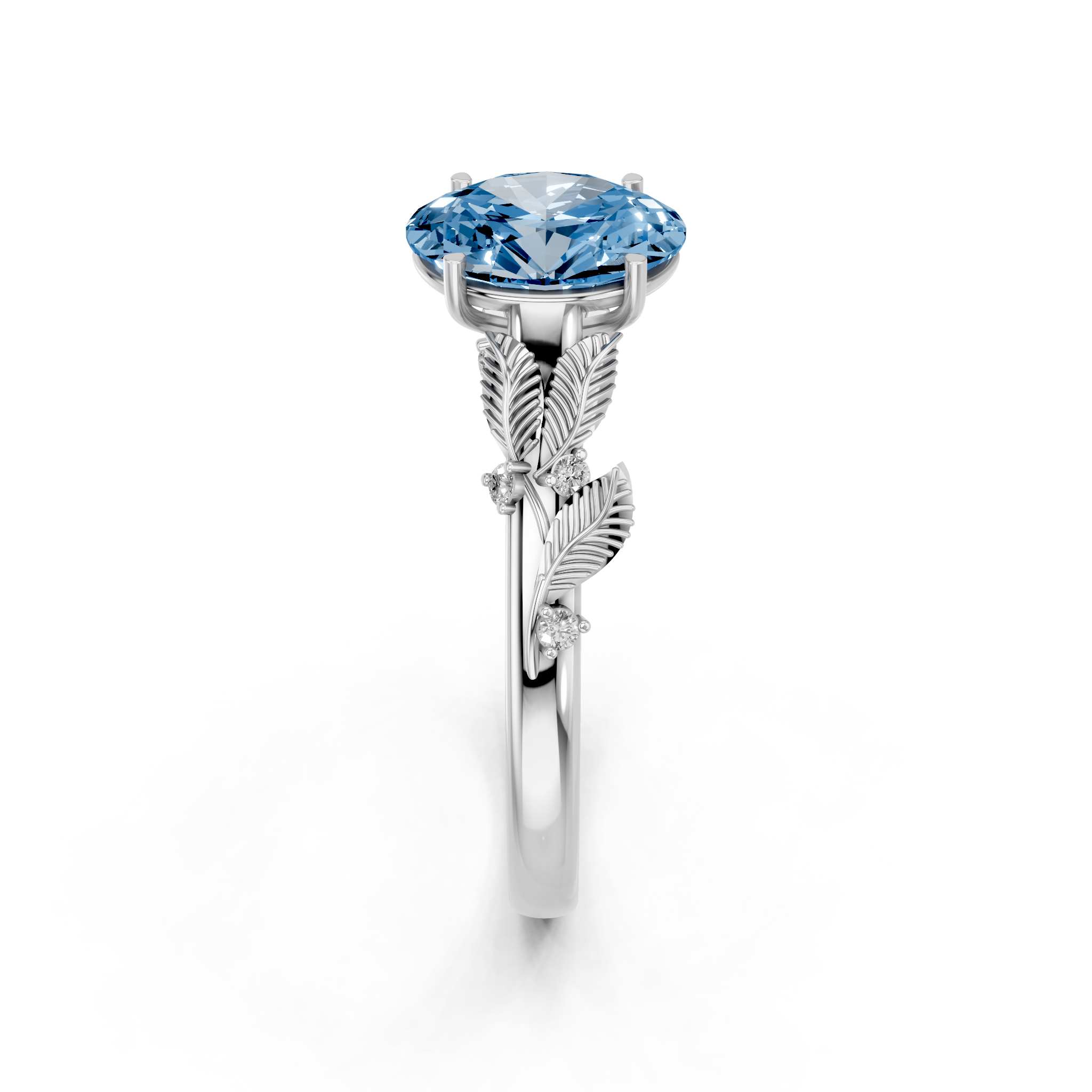 White gold Fancy Blue Oval  Brilliant Solitaire with Leaf Motif Band and Four-Prong Setting_4
