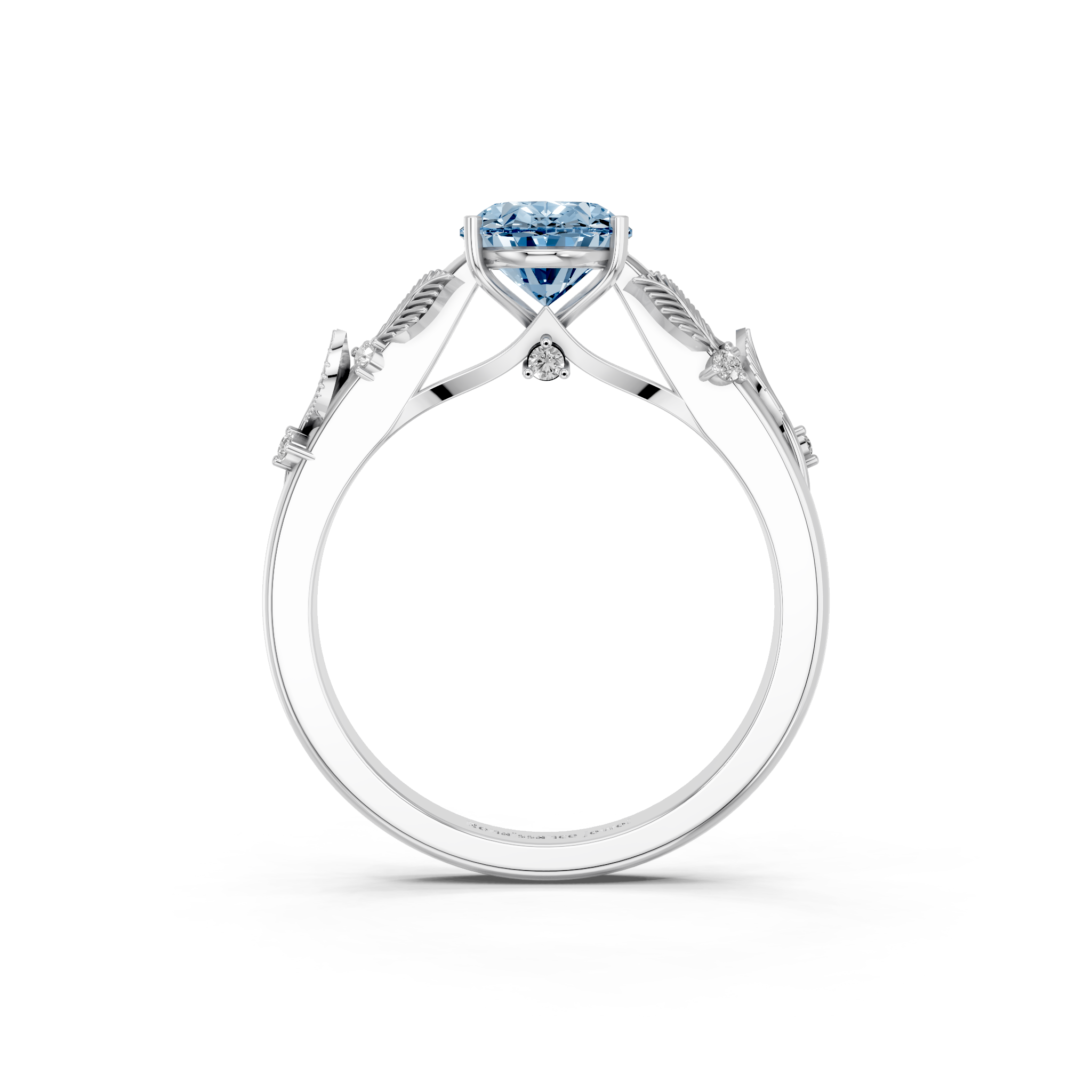 White gold Fancy Blue Oval  Brilliant Solitaire with Leaf Motif Band and Four-Prong Setting_5