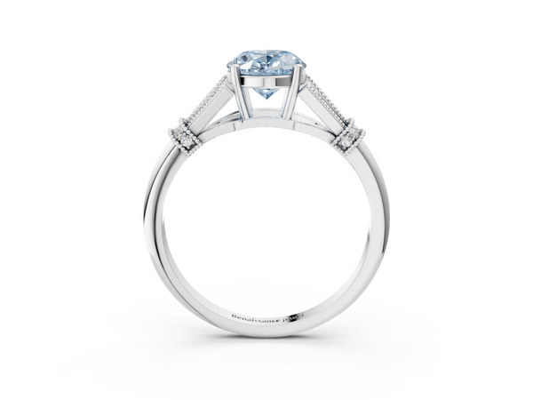 White gold Fancy Blue Oval  Diamond Solitaire Ring with Floral Filigree and Pave Accents