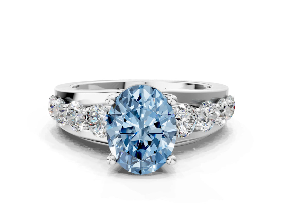 White gold Fancy Blue Oval  Brilliant Solitaire with Side Stones on a Pave Band and Four-Prong Setting_61